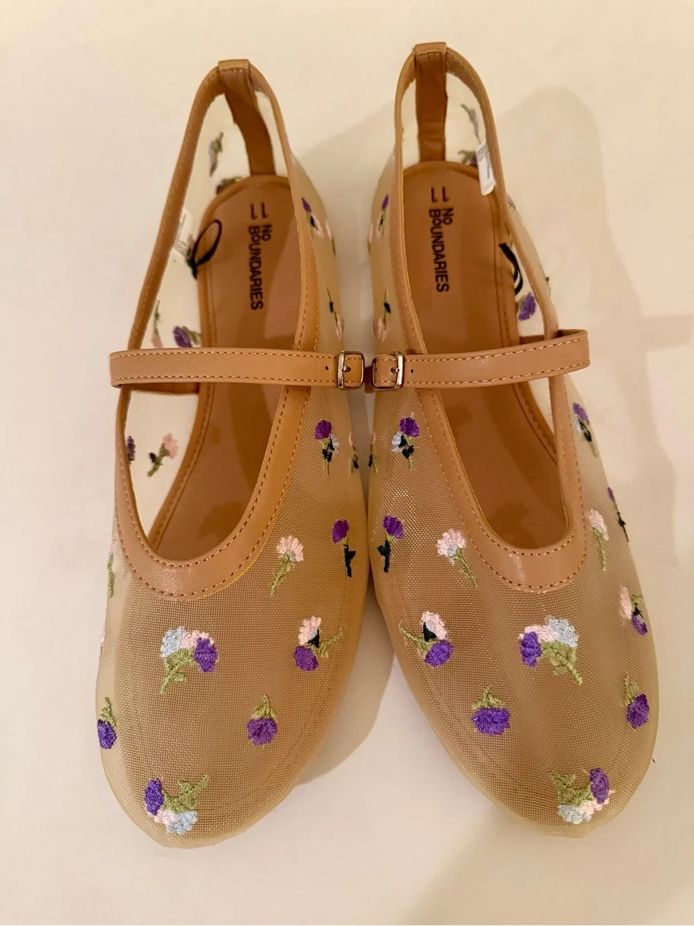No Boundaries Mary Jane Mesh Flats with Embroidered Purple Flowers, Size 11 - Picture 1 of 8
